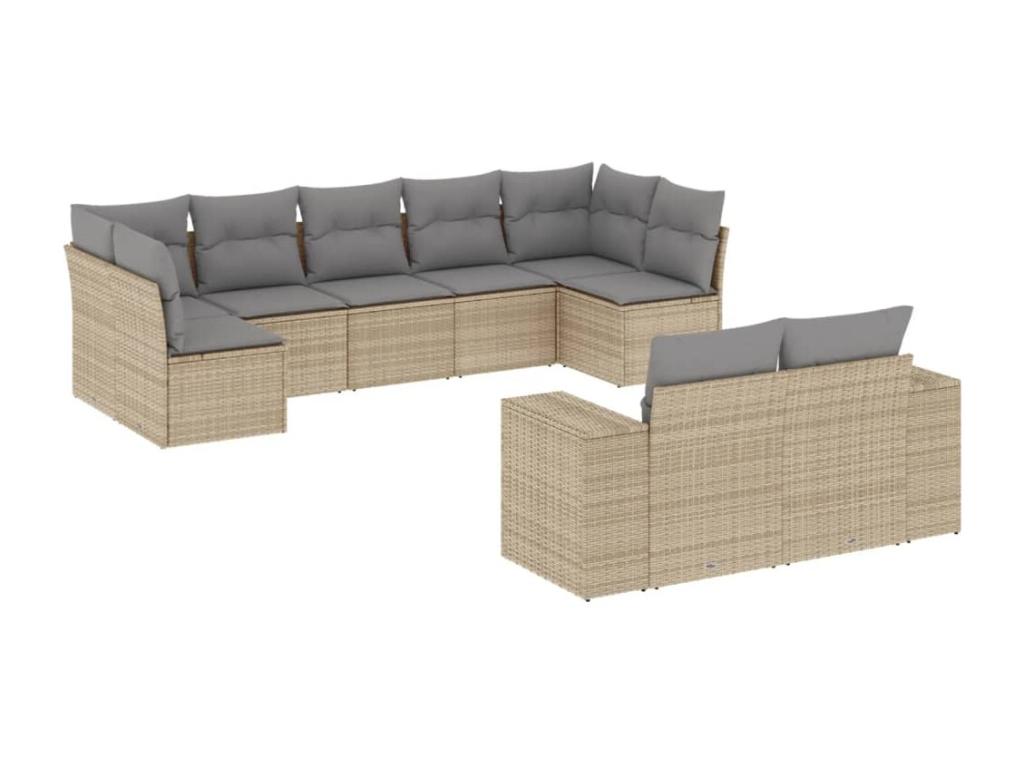 9-piece garden furniture set with cushions, beige woven resin
