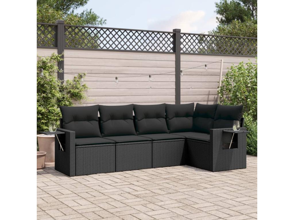 5-piece garden furniture set with cushions, black woven resin