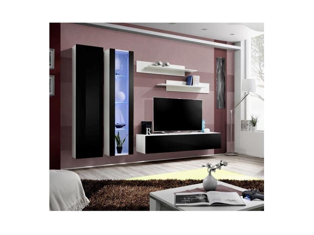 FLY A4 TV unit, designer style, white and glossy black LED finish - Modern and trendy wall-mounted unit for your living room