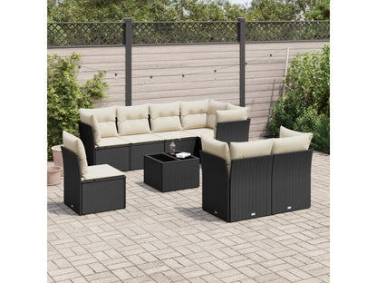9-piece garden furniture set with cushions, black woven resin