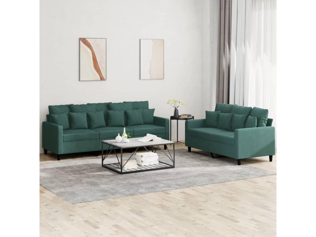 2-piece sofa set with cushions, dark green velvet