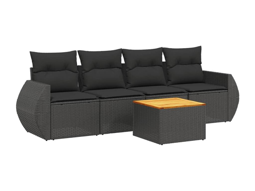 5-piece garden furniture set with cushions, black woven resin