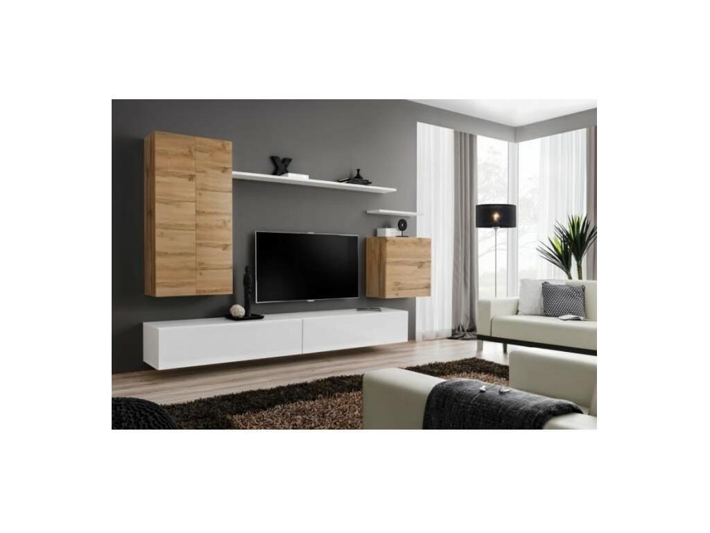 SWITCH II living room furniture set, Meubiana oak and glossy white design.