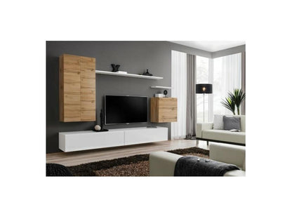 SWITCH II living room furniture set, Meubiana oak and glossy white design.