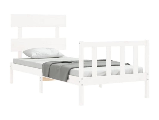 Bed frame with simple white headboard, solid wood