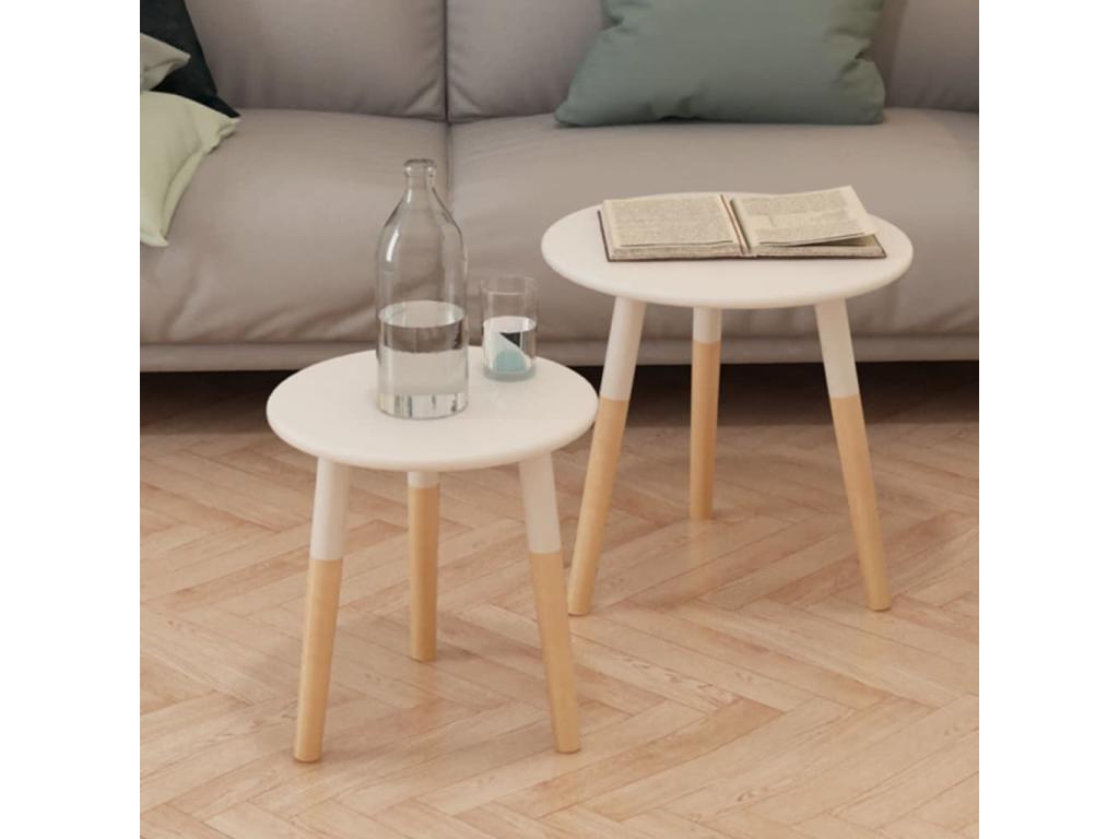 Set of 2 side tables, solid pine wood, white