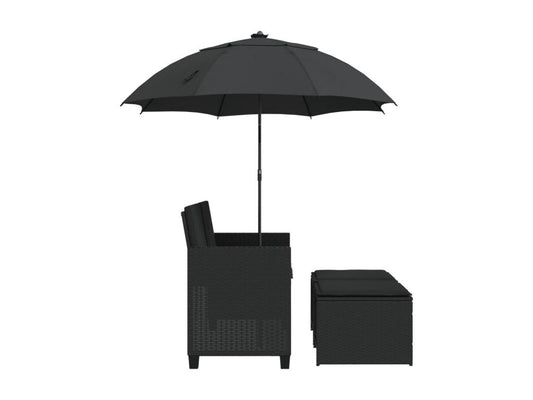 2-seater garden sofa with parasol and black rattan stools