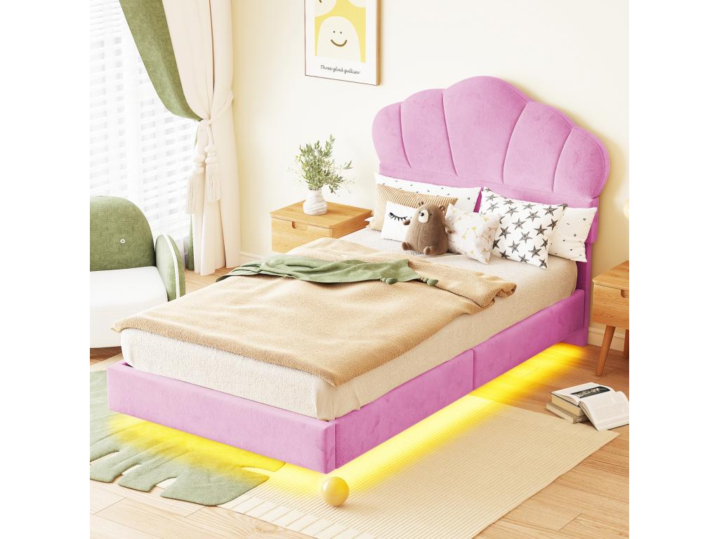 Single bed 90x200cm LED bed with slatted base by Meubiana and cloud-shaped headboard, concealed footboard, pink velvet fabric