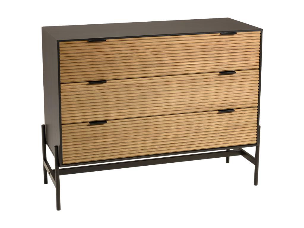 Homzora - Brown and black 3-drawer chest of drawers in pine with black metal legs