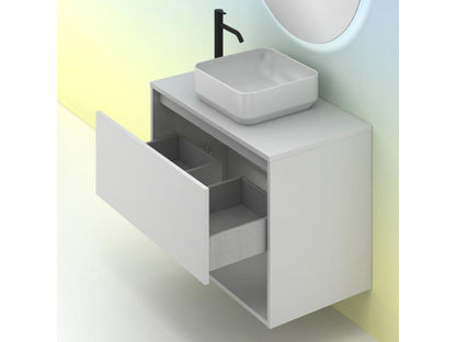 Wall-hung bathroom vanity unit with countertop basin, Meubiana glossy white, 80 cm. Mirror not included.