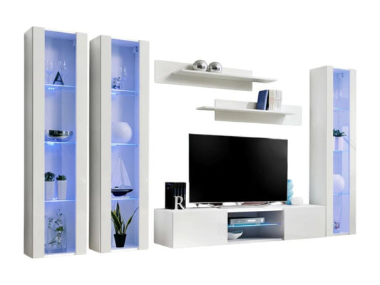 FLY P2 TV unit set with LED - White color - Designer wall-mounted furniture for your living room.