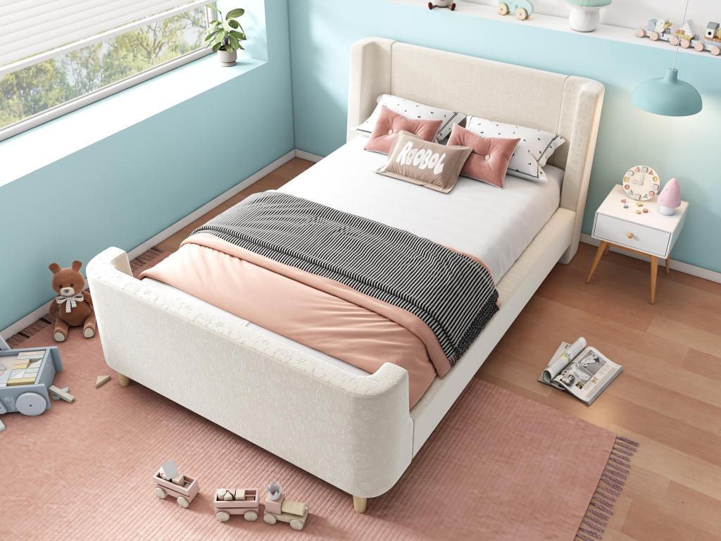 Children's bed 90x200 cm upholstered in beige velvet, mattress not included