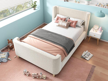 Children's bed 90x200 cm upholstered in beige velvet, mattress not included