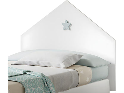 Children's bedroom set in white, including a headboard and two bedside tables.