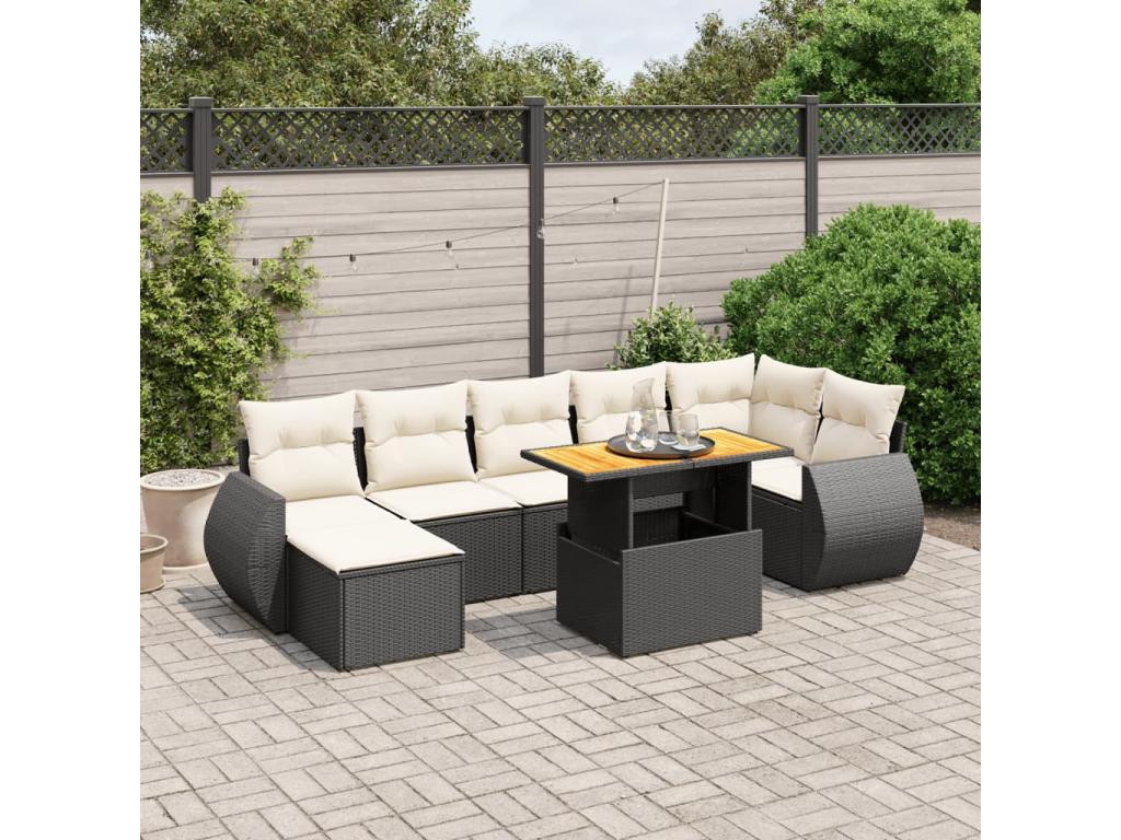 8-piece garden furniture set with cushions, black woven resin