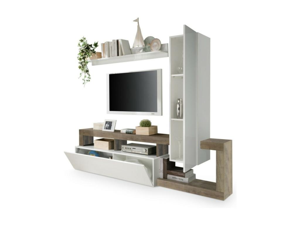 Meubiana living room furniture set with storage, 219 cm long, white lacquer/oak.