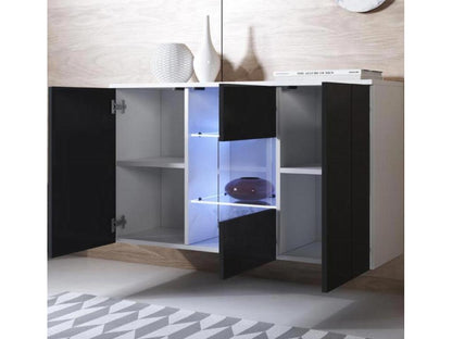Low sideboard for living room/dining room in white and black with LED lighting, 120x40x70cm, Meubiana A2