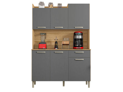 Kitchen Buffet with 6 Doors and 1 Drawer, Oak and Grey, Width 122 cm