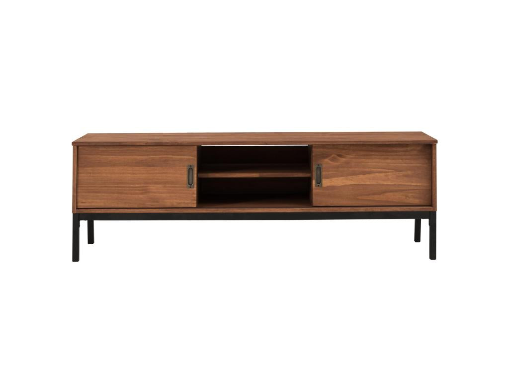 Homzora TV stand, 145 cm TV bench in an industrial vintage design style with 2 sliding doors in solid pine, dark brown stained