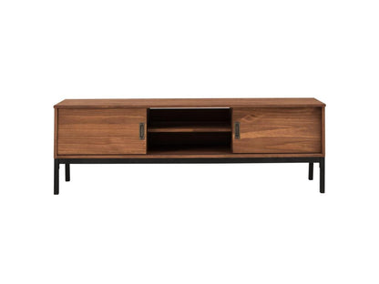 Homzora TV stand, 145 cm TV bench in an industrial vintage design style with 2 sliding doors in solid pine, dark brown stained