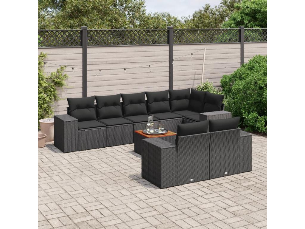 9-piece garden furniture set with cushions, black woven resin