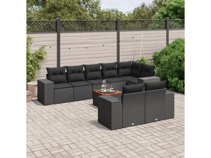 9-piece garden furniture set with cushions, black woven resin