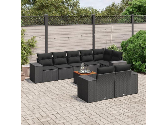 9-piece garden furniture set with cushions, black woven resin