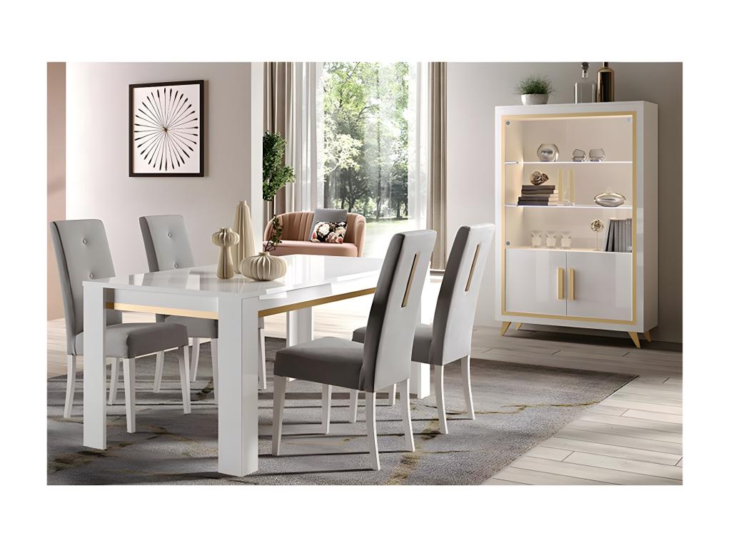 Homzora - White Living Room Set with Gold Decor, 190cm Table, Display Cabinet with LEDs