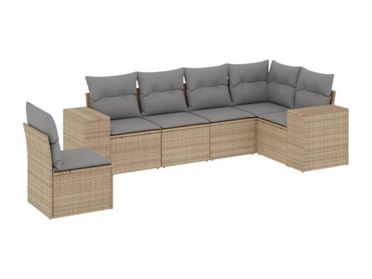 6-piece garden furniture set with cushions, beige woven resin