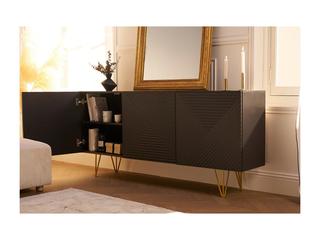 Meubiana 3-Door Black Engraved and Gold Metal Designer Buffet, 160cm Wide