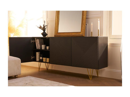 Meubiana 3-Door Black Engraved and Gold Metal Designer Buffet, 160cm Wide