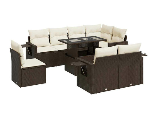 9-piece garden furniture set with cushions, brown woven resin