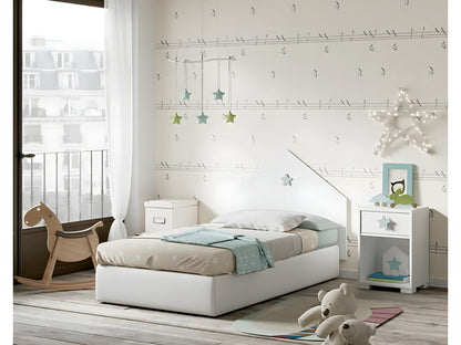 Children's bedroom set in white, including a headboard and two bedside tables.