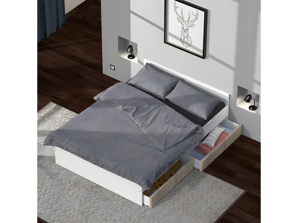 Meubiana bed 140x190 cm with 2 drawers / Whitewashed Oak and White finish