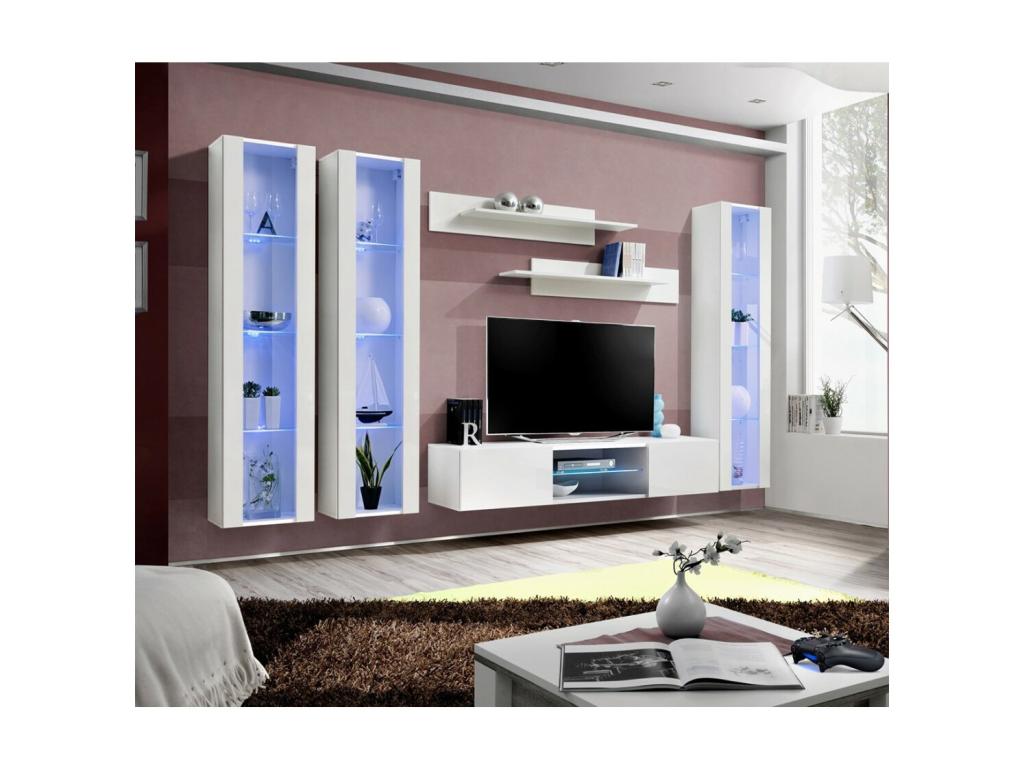 FLY P2 TV unit set with LED - White color - Designer wall-mounted furniture for your living room.