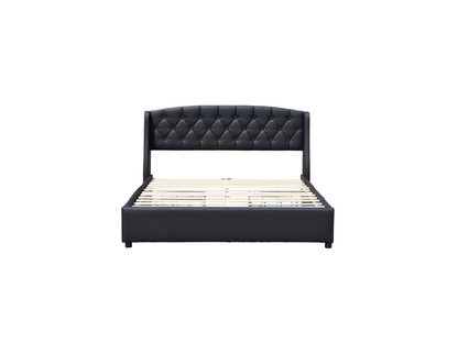 Meubiana - Sturdy and Comfortable 120x190 Bed with Slatted Base, 4 Drawers, Black Headboard, 4cm Legs - 13 Sides