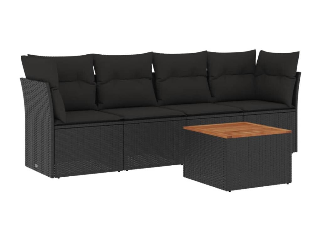 5-piece garden furniture set with cushions, black woven resin