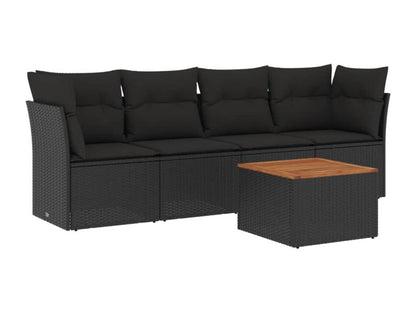 5-piece garden furniture set with cushions, black woven resin