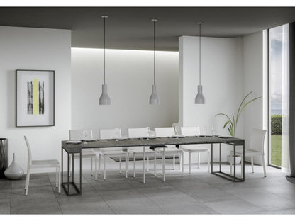 Meubiana extendable console table in wood and 3 anthracite steel legs - Cement Grey color - 4-leg support - 5 slim extensions