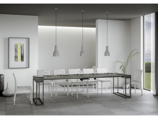 Meubiana extendable console table in wood and 3 anthracite steel legs - Cement Grey color - 4-leg support - 5 slim extensions