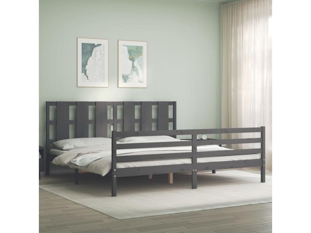 Grey bed frame without mattress, 200x200 cm, solid wood