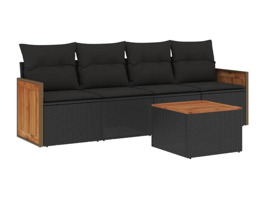 5-piece garden furniture set with cushions, black woven resin