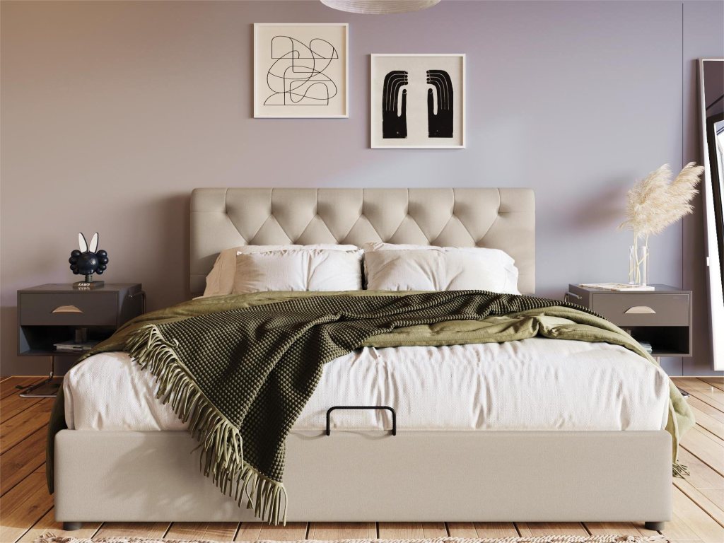 Storage bed - 140x200 cm - linen fabric - Meubiana slatted base - natural color