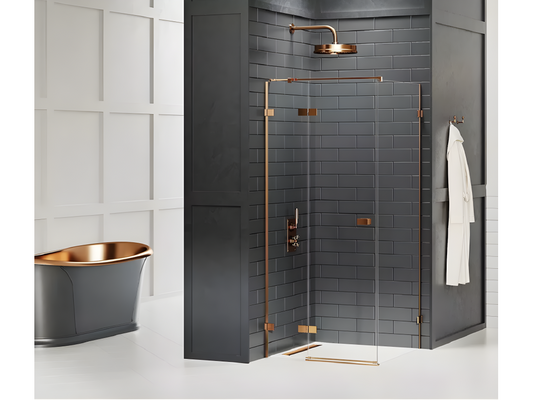 Meubiana 90x90cm Brushed Copper Shower Enclosure, Left-Hand Pivoting, Front Access