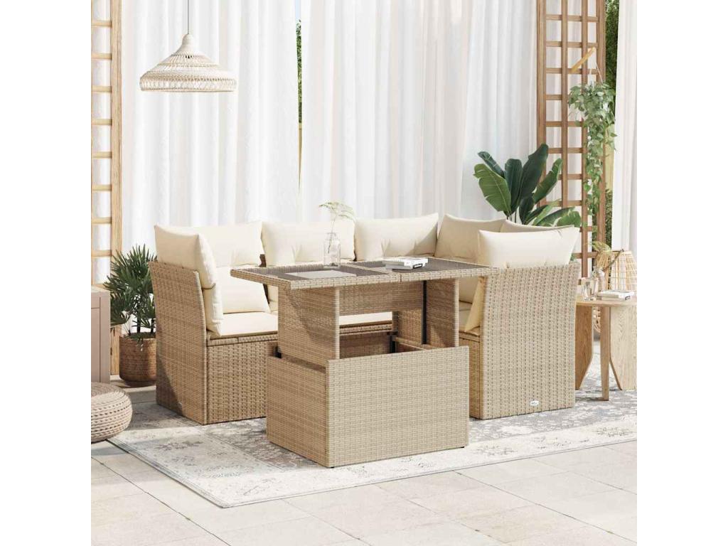 5-piece garden furniture set with cushions, beige woven resin