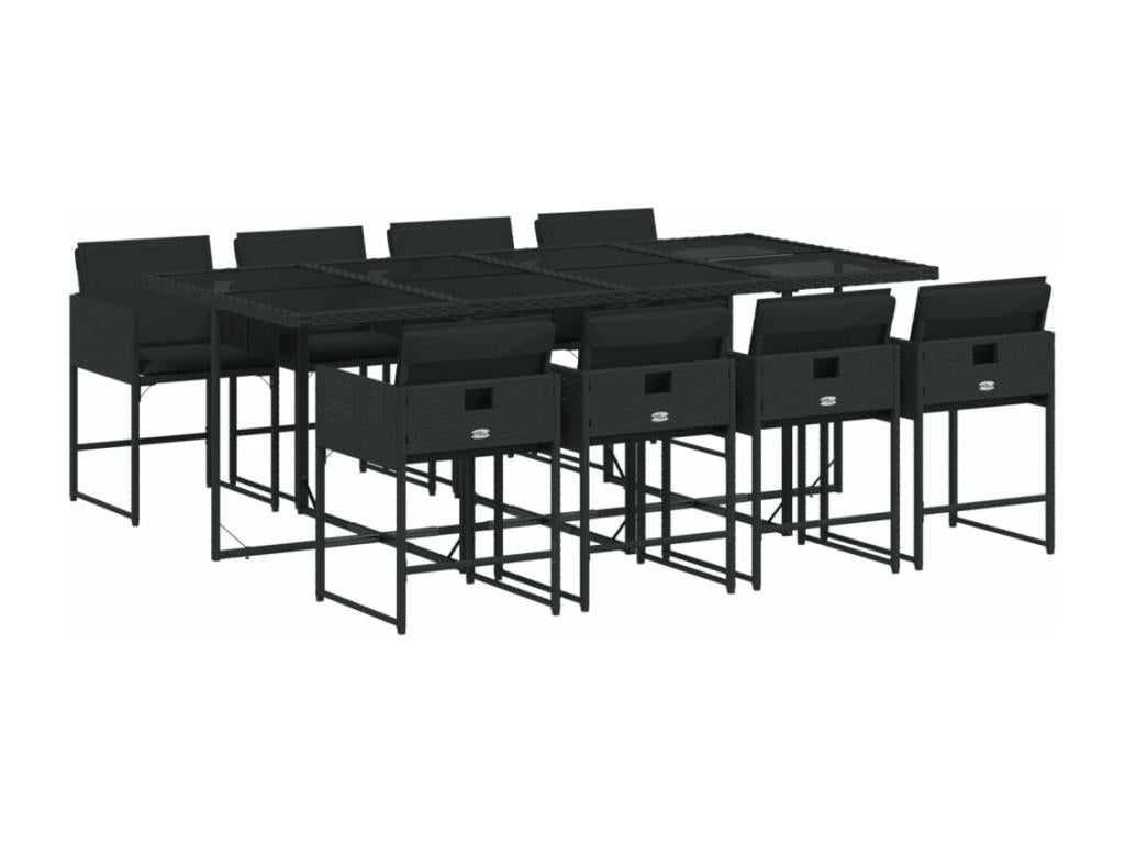 9-piece garden dining set with cushions, black resin wicker