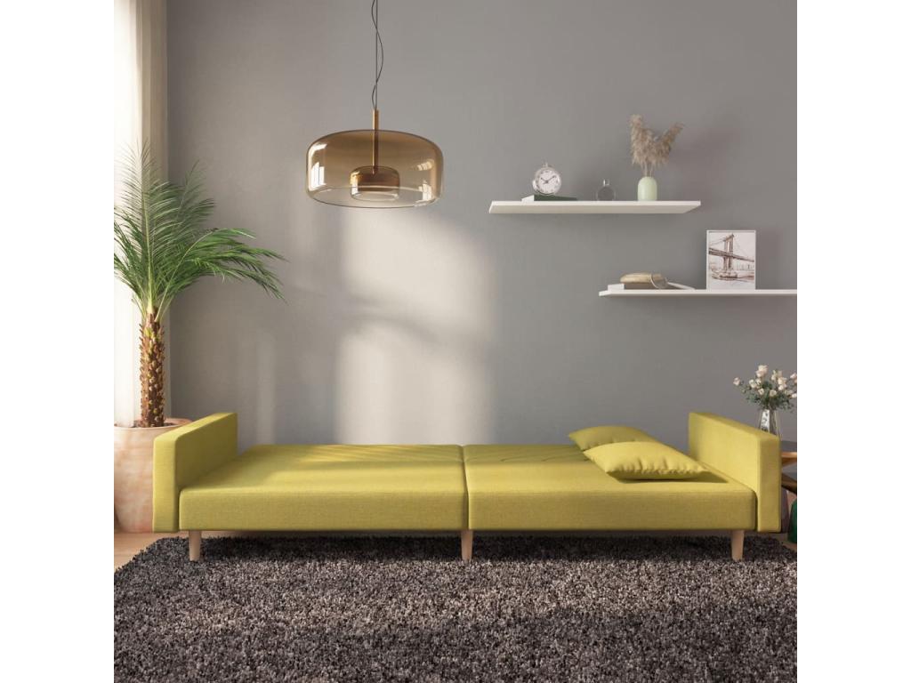 2-seater sofa bed with two pillows, green fabric