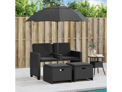 2-seater garden sofa with parasol and black rattan stools