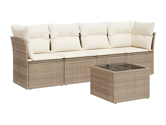 5-piece garden furniture set with cushions, beige woven resin