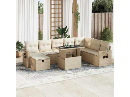 9-piece garden furniture set with cushions, beige woven resin